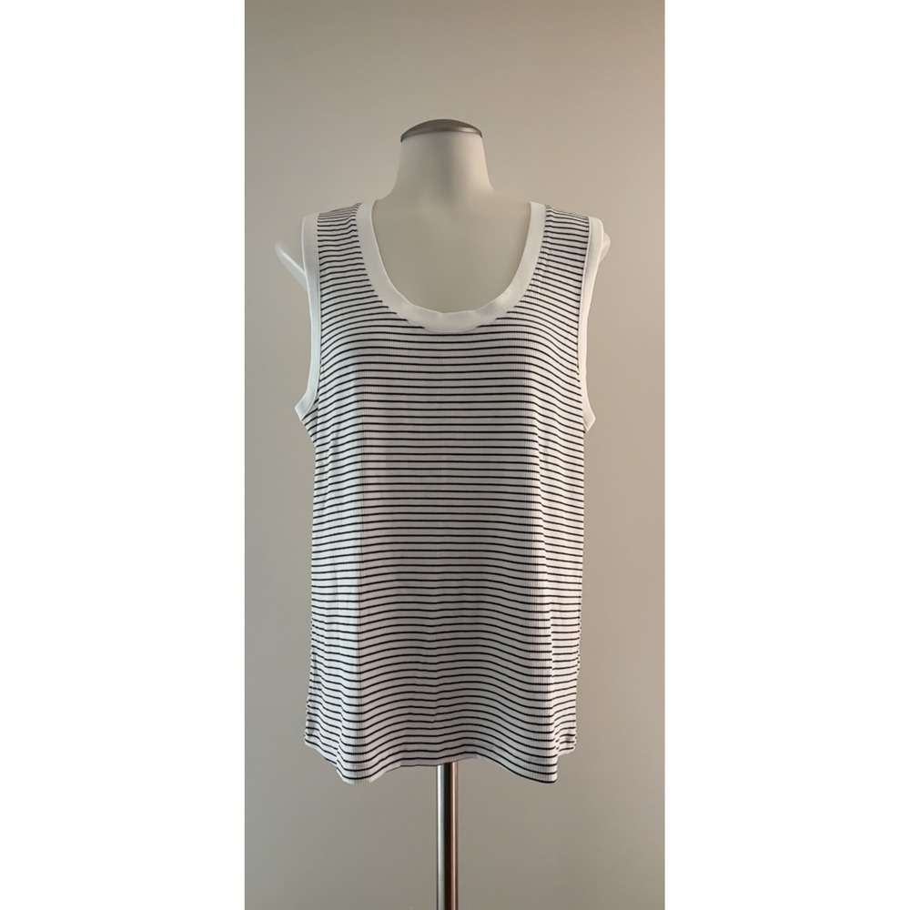 Nine West Tank Top Women XL White Black Good Striped Ribbed Soft Spun Scoop Neck